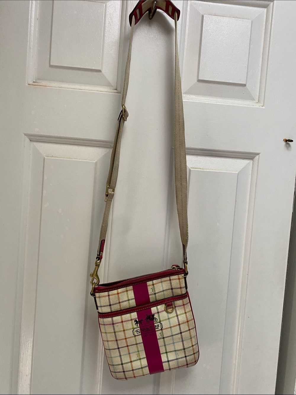 Coach Cream Plaid Crossbody with Pink Stripe